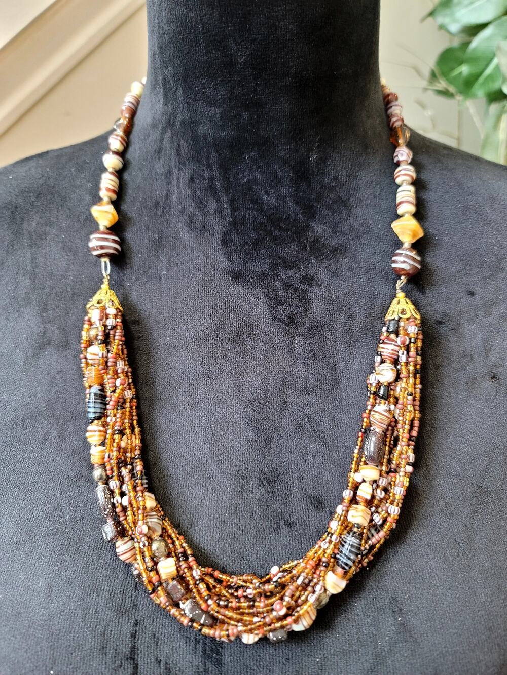 Vintage Multi Strand Seed Bead Necklace Brown Amber Earth Tone Statement Bib